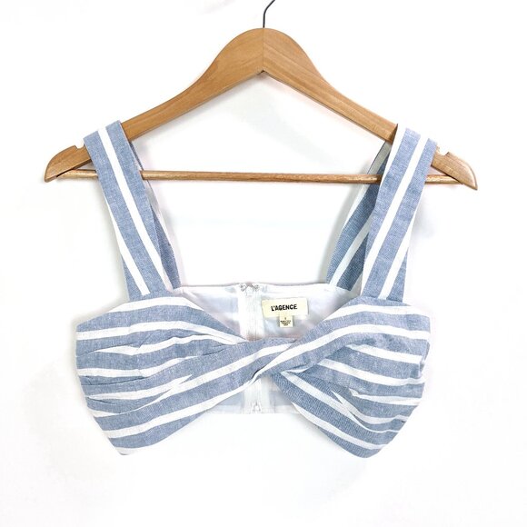 L'AGENCE Tops - L'AGENCE Linen Striped Twisted Front Cropped Bra Top In Blue and White Size 2
